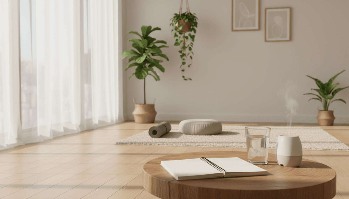 A clean wellness coaching workspace with a notebook and glass of water on a wooden table, bathed in soft natural morning light