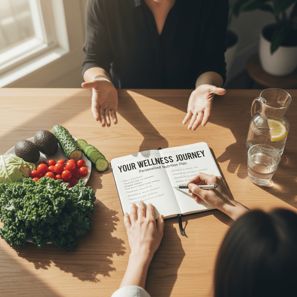 Wellness coach and client hands collaborating over nutrition plan, fresh vegetables, and notes on wood table in natural light